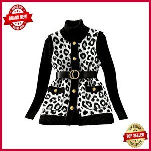 Sleeveless Leopard Print Cardigan Sweater Vest Button Front Crew Neck Y2K